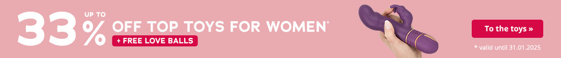 Advertisement with a plain pink background. It has large white text that says: “Up to 33% off the top for women*”. Furthermore, “*valid until 24.01.2025” is written in small letters underneath. There is also an eye-catcher with a red background and the words “+ FREE LOVE BALLS”.