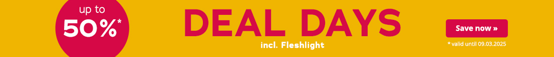 Advertisement with a yellow background. It says “Deal Days” in large red letters and “incl. Fleshlight & We-Vibe” in smaller white letters. There is also an eye-catching red circle with the text “up to 50%*”. It says “*only online, valid until 09.03.2025” at the bottom.