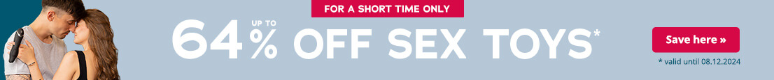 There is a short element at the top with a red background and the words ‘For a short time only!’. It says ‘Up to 64% off sex toys*’ below this in large white letters on a light blue background. There is a red call-to-action button on the right with the words ‘Save now »’. The information at the bottom says ‘* valid until 15.12.2024’. There is a couple holding a sex toy and leaning back on the left-hand side of the advertisement.