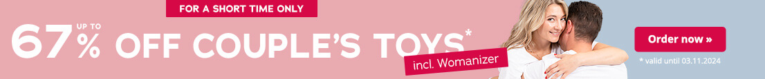 Advertisement with a pink background. It says: “Up to 67% off couple's toys” in large white letters. The text “valid until 27.10.2024” is written below this in smaller white letters. There is also a red eye-catcher with the words “Incl. Womanizers”.