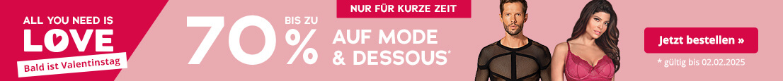 Werbemittel mit rosa Hintergrund für Mode und Dessous. Oben ist ein rot hinterlegtes Verknappungselement mit der Aufschrift „Nur für kurze Zeit“. Darunter ist der Schriftzug „Bis zu 70 % auf Mode & Dessous“ in Weiß. Klein darunter steht: „gültig bis zum 02.02.2025“. Außerdem ist ein Mann in schwarzem, transparentem Netzshirt, sowie eine Frau in rotem Dessous-Set mit Spitze zu sehen.