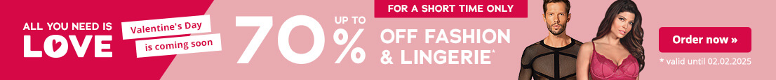 Advertising material with pink background for fashion and lingerie. At the top is a shortage element with a red background and the words “Only for a short time”. Below this is the lettering “Up to 70 % off fashion & lingerie” in white. Small underneath it says: “valid until 02.02.2025”. There is also a man in a black, transparent mesh shirt and a woman in a red lingerie set with lace.