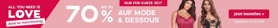 Werbemittel mit rosa Hintergrund für Mode und Dessous. Oben ist ein rot hinterlegtes Verknappungselement mit der Aufschrift „Nur für kurze Zeit“. Darunter ist der Schriftzug „Bis zu 70 % auf Mode & Dessous“ in Weiß. Klein darunter steht: „gültig bis zum 02.02.2025“. Außerdem sind zwei weibliche Models in Dessous zu sehen.