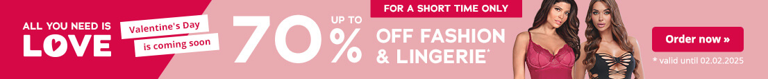 Advertising material with pink background for fashion and lingerie. At the top is a shortage element with a red background and the words “Only for a short time”. Below this is the lettering “Up to 70 % off fashion & lingerie” in white. Small underneath it says: “valid until 02.02.2025”. Two female models in lingerie can also be seen.