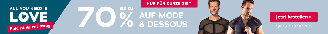 Werbemittel mit blauem Hintergrund für Mode und Dessous. Oben ist ein rot hinterlegtes Verknappungselement mit der Aufschrift „Nur für kurze Zeit“. Darunter ist der Schriftzug „Bis zu 70 % auf Mode & Dessous“ in Weiß. Klein darunter steht: „gültig bis zum 02.02.2025“. Außerdem sind zwei männliche Models in Dessous zu sehen.