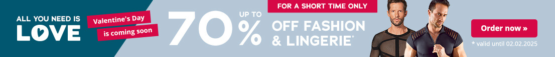 Advertising material with blue background for fashion and lingerie. At the top is a shortage element with a red background and the words “Only for a short time”. Below this is the lettering “Up to 70 % off fashion & lingerie” in white. Small underneath it says: “valid until 02.02.2025”. Two male models in lingerie can also be seen.