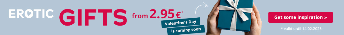 Advertisement with a light blue background for erotic gift ideas. It says “Erotic gift ideas” in large red and white letters and “from €2.95” in red. There is also a dark blue eye-catcher with the words “It's almost Valentine's Day”. It also says “Valid until 14.02.2025” in small white letters.