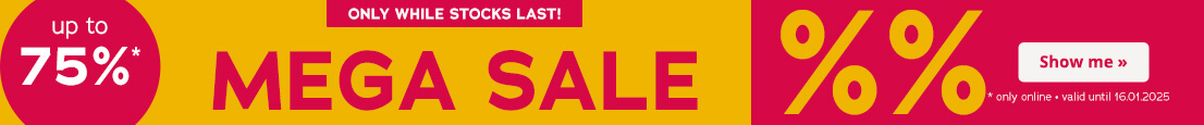 Two-part advertisement. There is a red background on one side and a yellow background on the other. “Mega Sale” is written in large letters. There is also a circular eye-catcher with the words “Up to 75%”. There is a short element at the top with a red background and the words “Only while stocks last”. There is a call-to-action button at the bottom with the words “Show me »”.