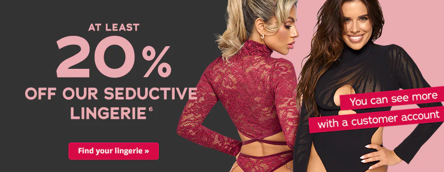 Advertisement with a two-part background in pink and black. The large text reads: “At least 20% off erotic lingerie”. There is a call-to-action button at the bottom with a red background and the words “Find your lingerie »”. There is also a red eye-catcher with the text “You can see more with a customer account”. Models wearing lingerie can be seen on the right-hand side.