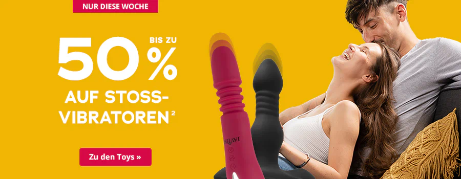 Werbemittel mit gelbem Hintergrund und rotem Banner am oberen Rand mit der Aufschrift “Nur diese Woche”. Darunter steht in weißer, großer Schrift “Bis zu 50% auf Stoßvibratoren”. Im unteren Bereich sind drei Vibratoren in verschiedenen Farben abgebildet. Unter den Vibratoren befindet sich ein roter Call-to-Action-Button mit der Aufschrift “Zu den Toys »”.