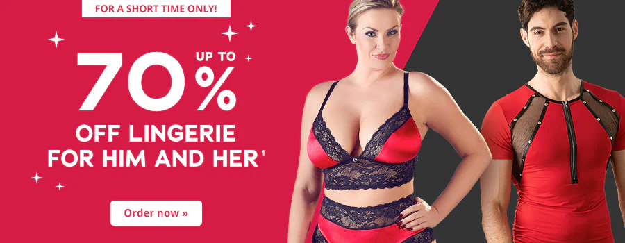 Advertisement for 70% off lingerie for him and her. The advertisement has a red and black background. “For a short time only!” is written at the top in white. “Up to 70% off lingerie for him & her” is written in white to make it stand out. There is a picture of a woman on the right-hand side and she is wearing red lingerie with black lace. There is a call-to-action button at the bottom with the words “Order now »”.