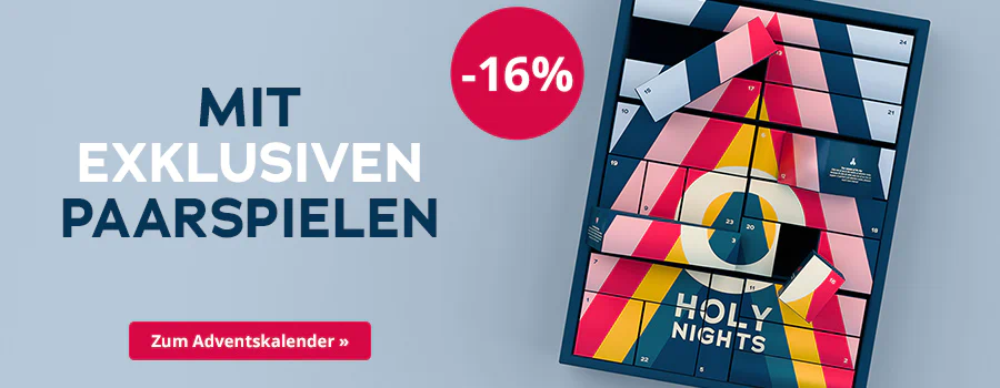 Werbemittel mit einfarbig blauem Hintergrund. Abgebildet ist ein Adventskalender mit bunten Türchen und einem “O HOLY NIGHTS” Schriftzug. Auf dem Werbemittel steht: “Mit exklusiven Paarspielen”. Außerdem ist ein rot hinterlegter Button mit “-16%” abgebildet, sowie ein rot hinterlegter Call-to-Action-Button mit der Aufschrift “Zum Adventskalender »”.