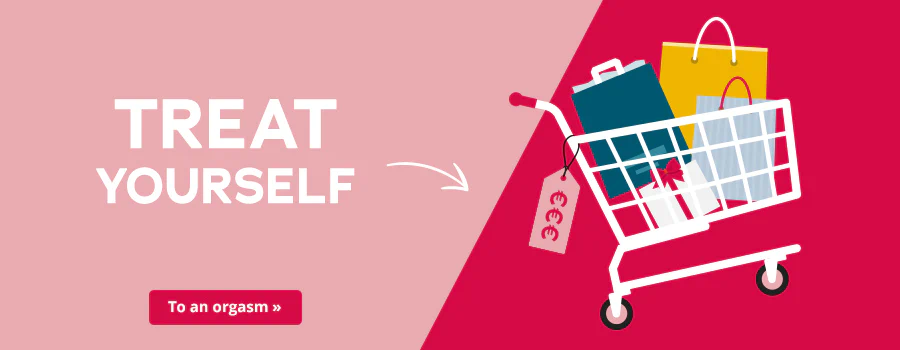 Promotional item with a two-tone background in pink and red. The words 'Treat yourself' are prominently displayed. At the bottom is a call-to-action button with the inscription 'To orgasm'. The image shows a shopping cart with a price tag attached to it that reads '€€€'. There are bags and a gift in the shopping cart.