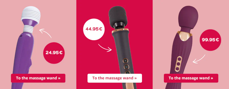 Advertising material in three parts. Three different massage wands are shown on the advertising material. Two have a pink background and the massage stick in the middle has a red background. One massage stick is purple and has a price of €24.95 highlighted in red. In the middle is a black massage stick with a white background and a price of €44.95. Next to it is a purple massage stick with a price of €99.95 highlighted in red