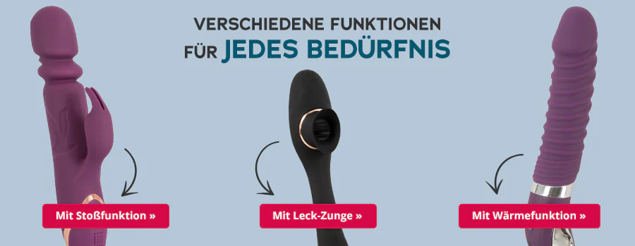 Werbemittel für Vibratoren mit einfarbig blauem Hintergrund. Oben steht „Verschiedene Funktionen für jedes Bedürfnis“. Abgebildet sind drei verschiedene Vibratoren in lila und schwarz. Unter dem links abgebildeten Rabbitvibrator ist ein rot hinterlegter Call-to-Action Button mit der Aufschrift „Mit Stoßfunktion »“. Der mittlere Vibrator ist schwarz. Der Pfeil zeigt auf einen rot hinterlegten Call-to-Action Button mit der Aufschrift „Mit Leck-Zunge »“. Ganz rechts ist wieder ein lilaner Vibrator abgebildet mit einem rot hinterlegten Call-to-Action Button mit der Aufschrift „Mit Wärmefunktion »“.