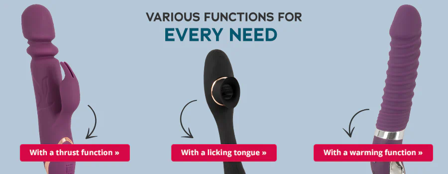 Advertisement for vibrators with a plain blue background. It says “Various functions for every need” at the top. Three different vibrators, in purple and black, can be seen on the advertisement. Below the rabbit vibrator on the left is a call-to-action button with a red background and the words “With a thrust function »”. The middle vibrator is black. The arrow points to a red call-to-action button with the words “With a licking tongue »”. There is another purple vibrator on the right with a red call-to-action button and the words “With a warming function »”.